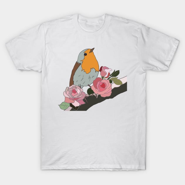 Robin with roses T-Shirt by Leamini20